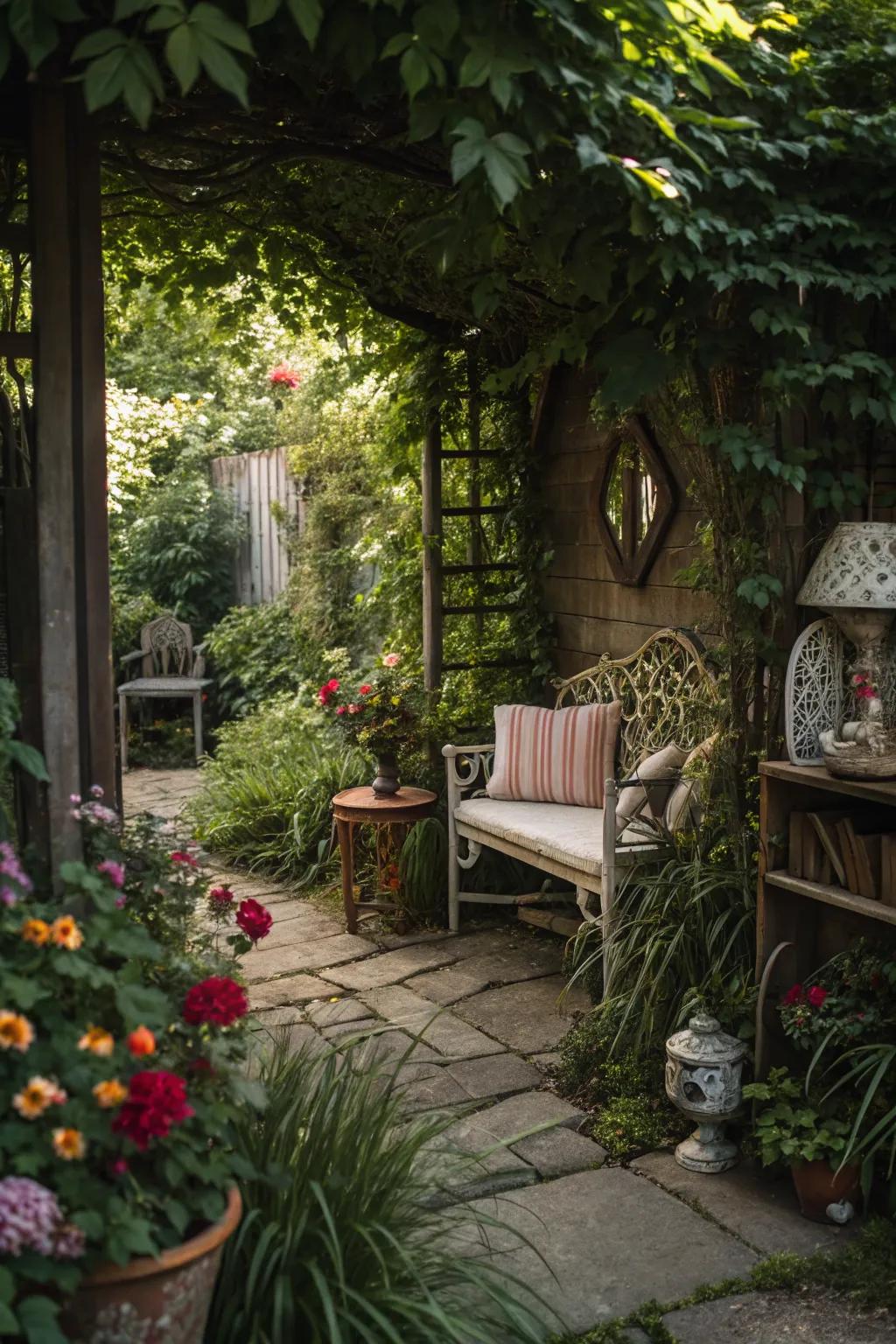 A secret garden nook, offering a private escape with tall plants and vintage charm.