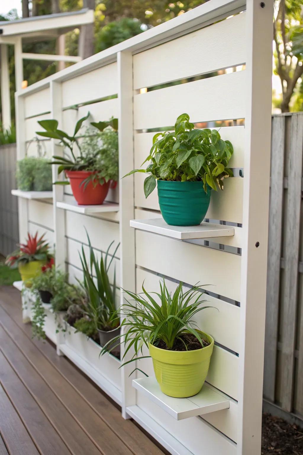 Blend privacy and greenery with a screen featuring a plant shelf.