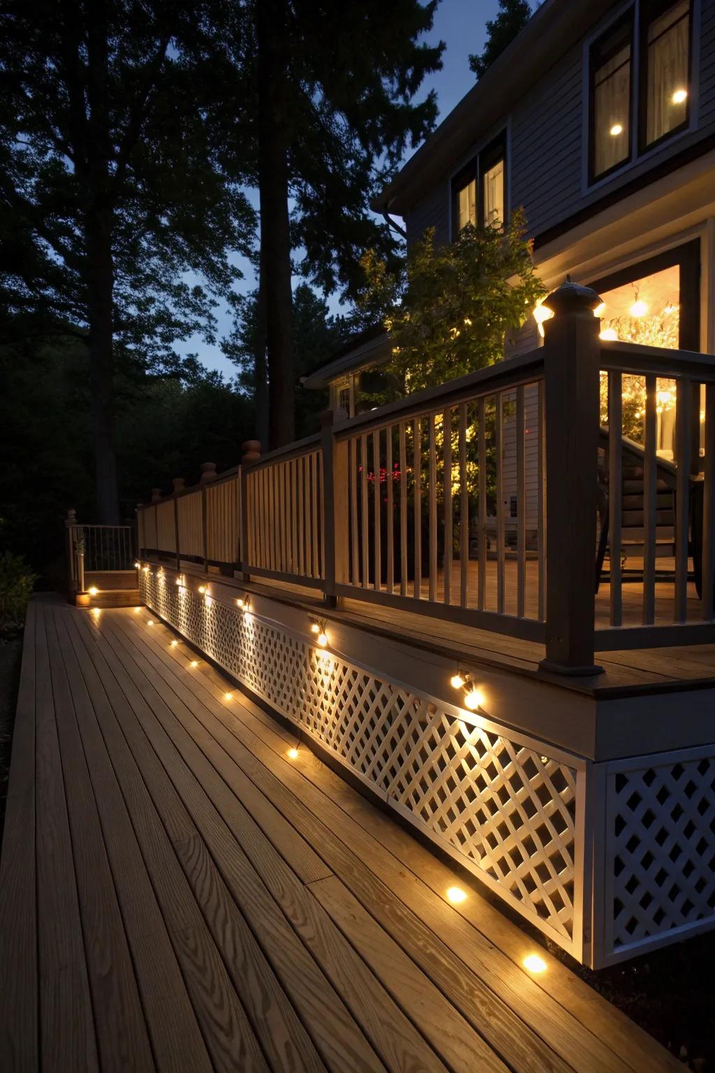 Hidden lighting in lattice skirting creates a magical nighttime glow.
