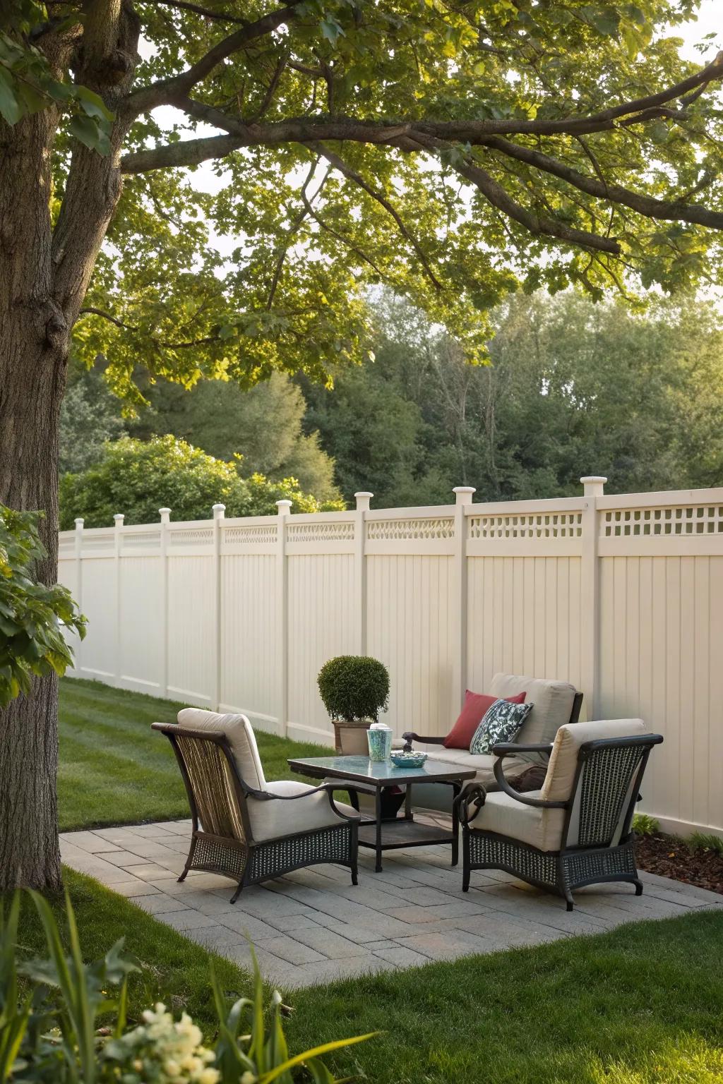 A vinyl fence creates a private haven around this cozy outdoor seating area.