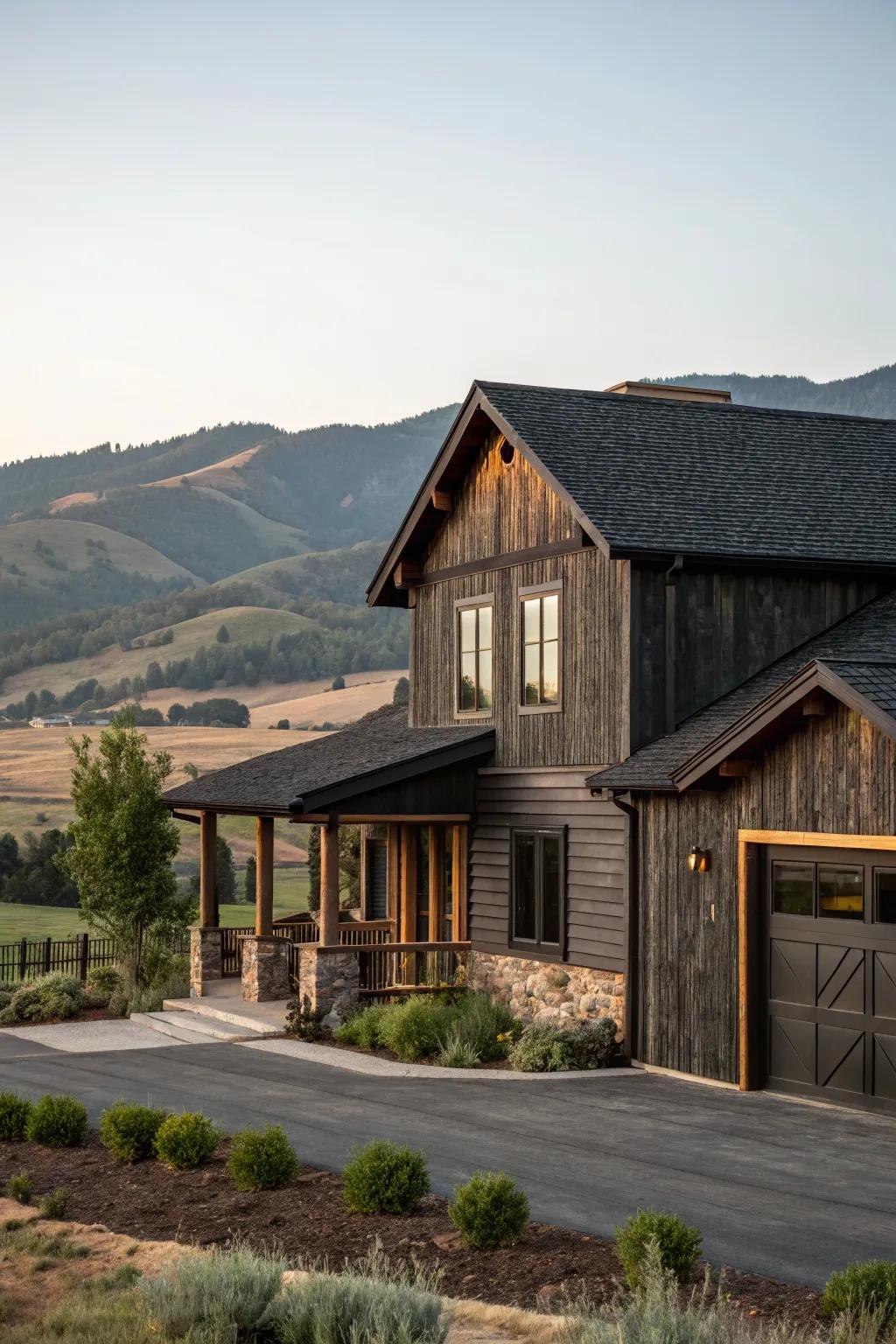 A ranch home with dramatic charred wood finish vinyl siding for a unique touch.