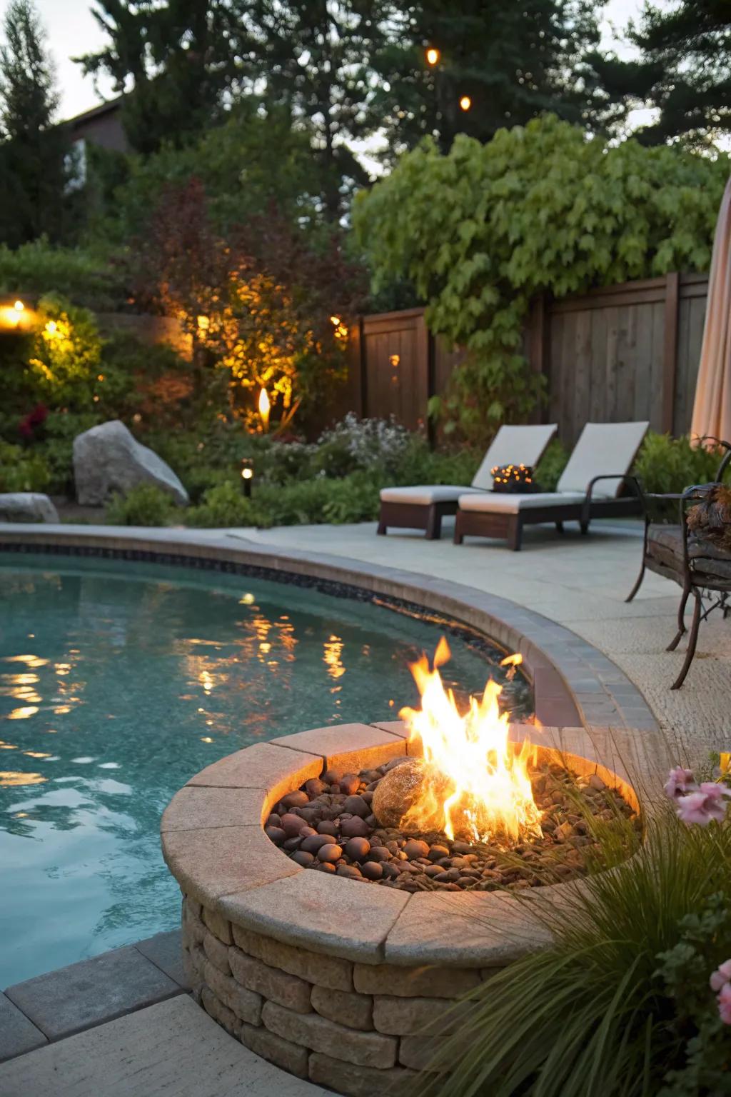 The combination of fire and water creates a warm and inviting atmosphere around this pool.