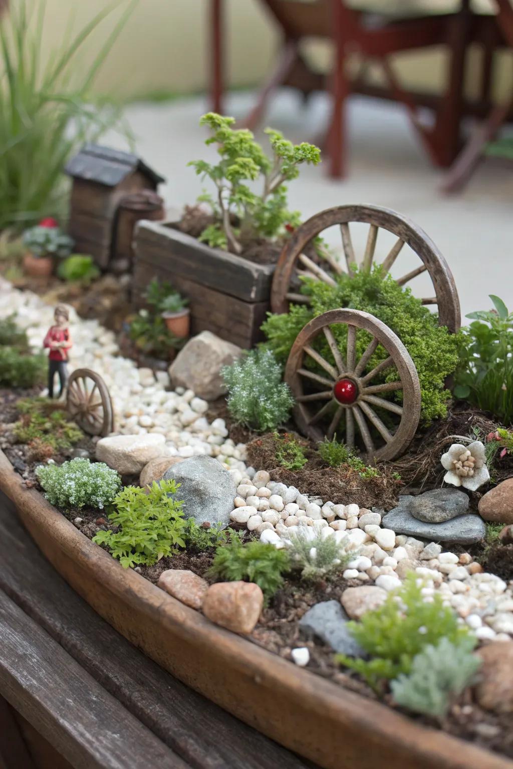 A whimsical miniature garden featuring small wagon wheels.