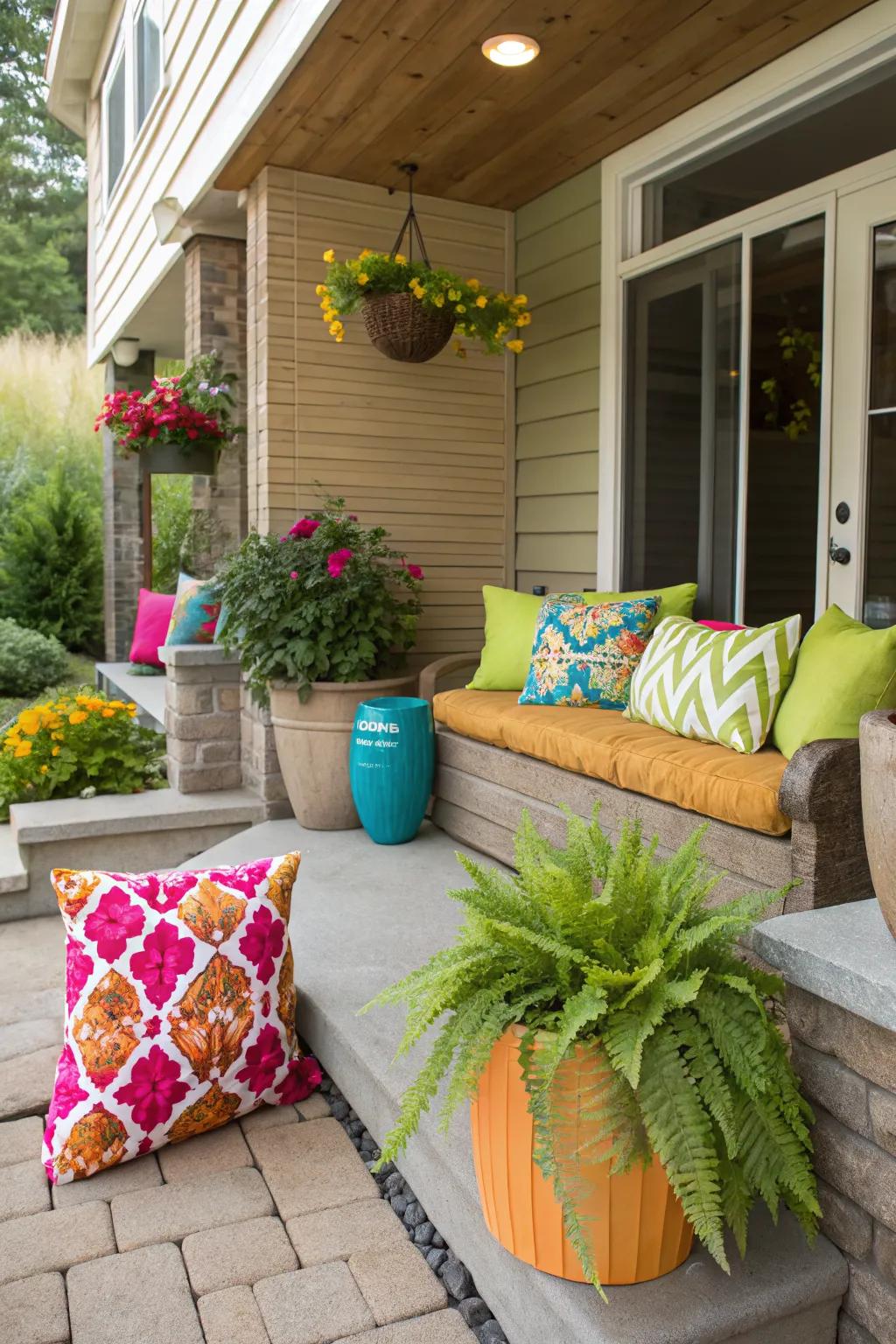 Colorful accessories like pillows and planters add vibrant accents to a walkout basement patio.