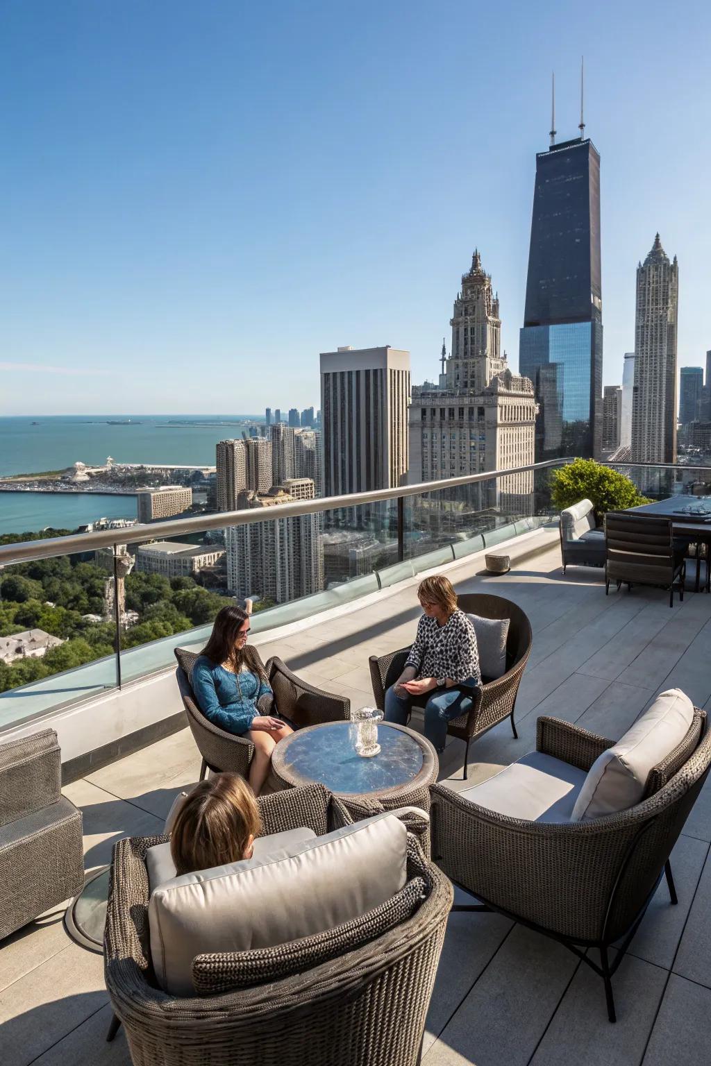 A rooftop deck with panoramic views and modern furniture.