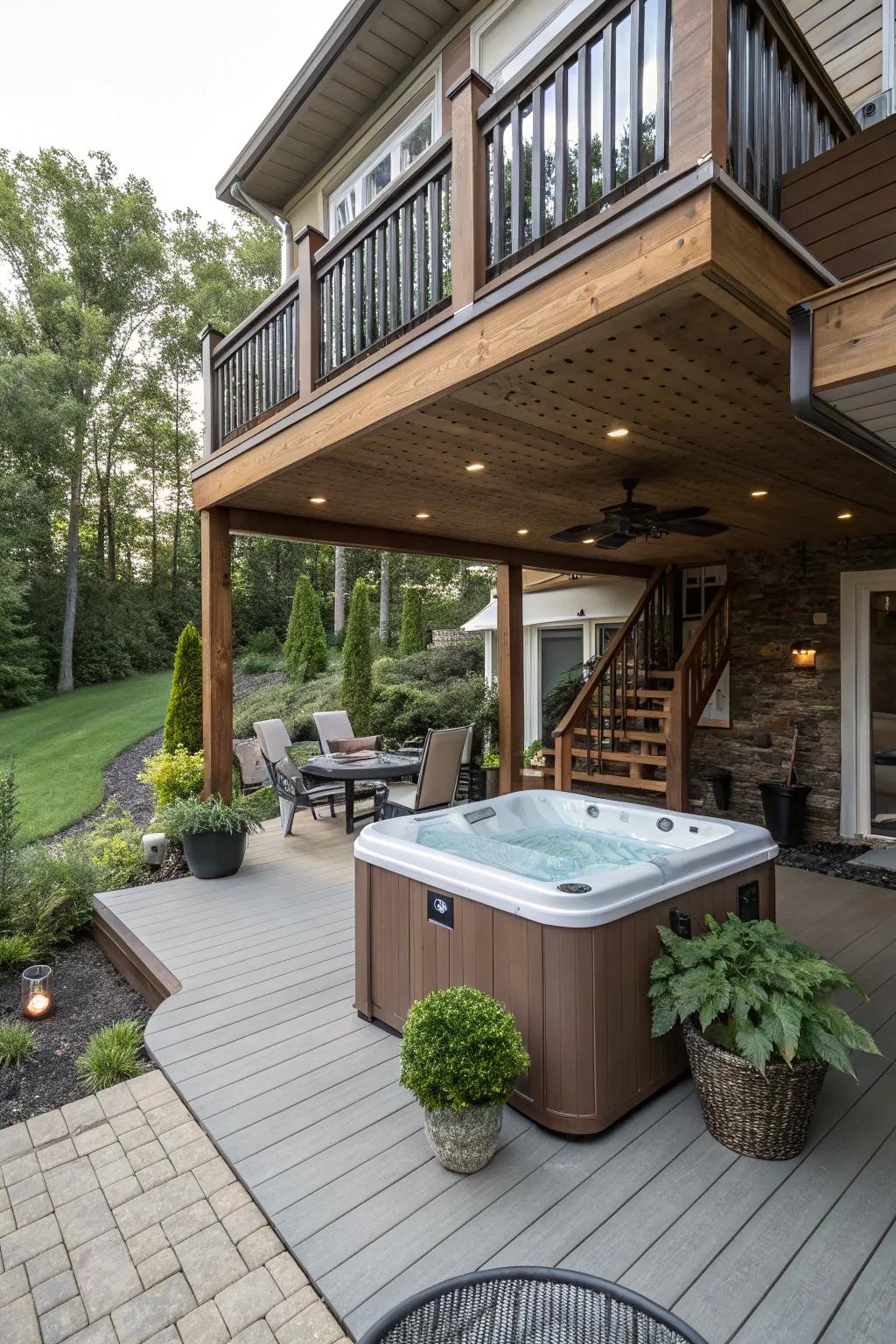 A hot tub offers a luxurious retreat at home.