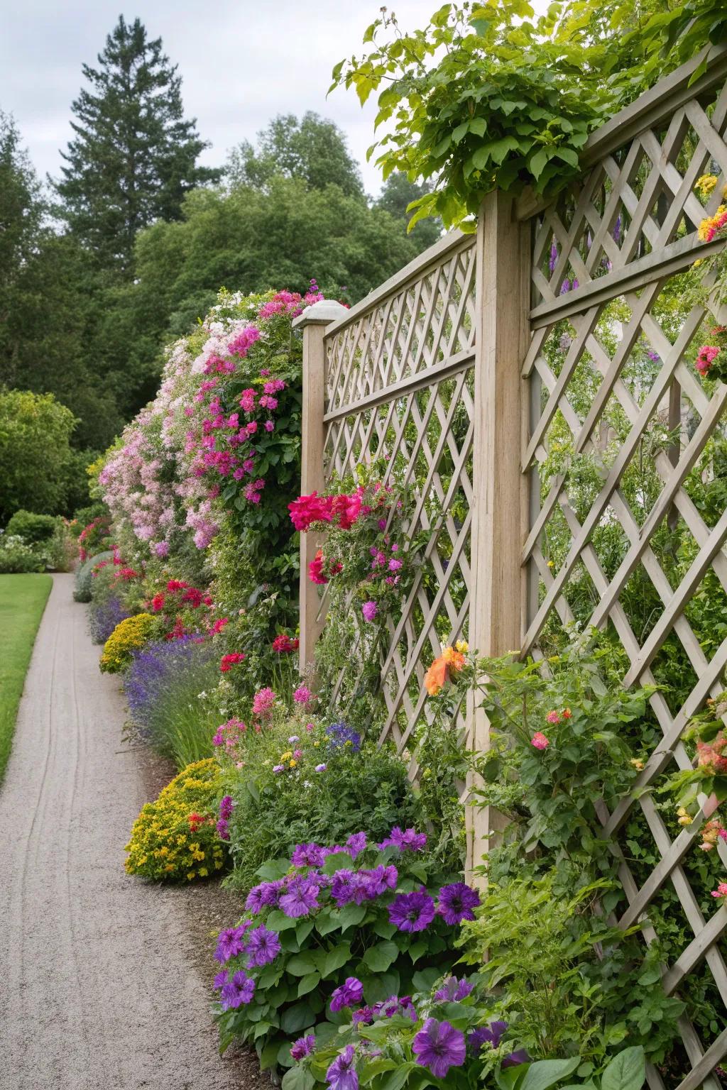 Showcase your climbing plants with a charming lattice fence that adds a floral touch.