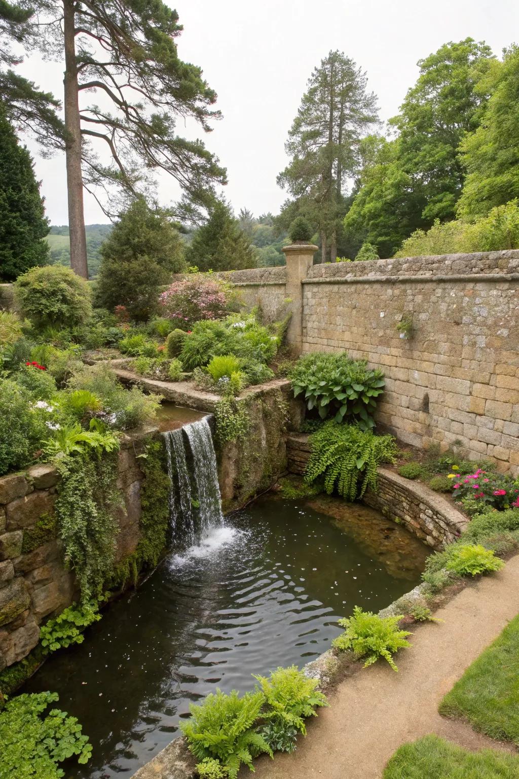 A waterfall feature adding movement and sound.