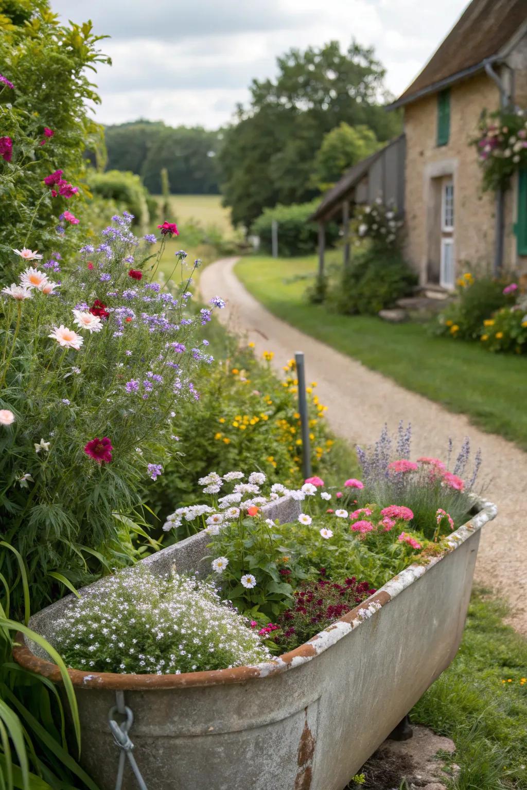 A cottage garden in a water trough planter.