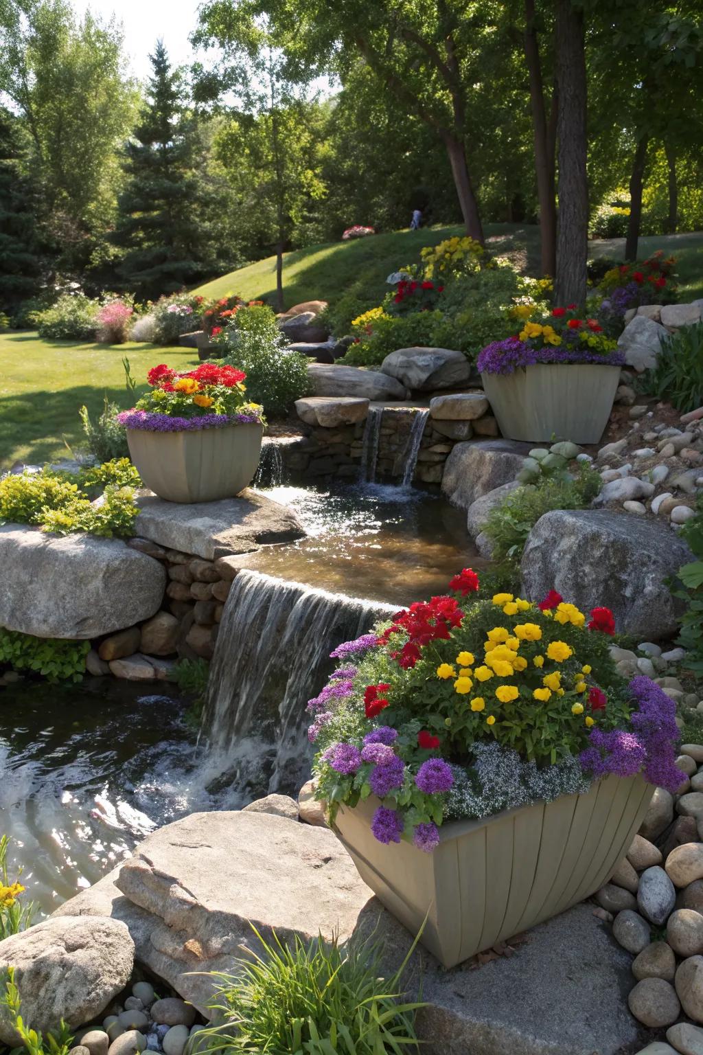 Floating planters add a splash of color and life to the spillway design.