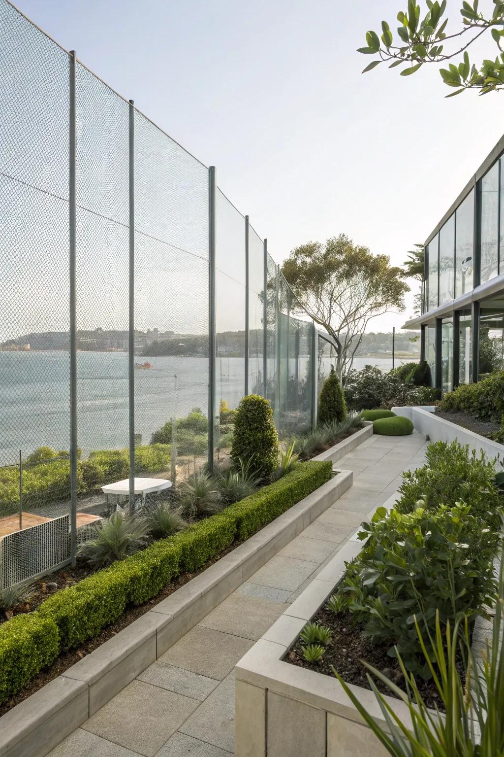 Transparent mesh fencing keeps views open while providing a barrier.