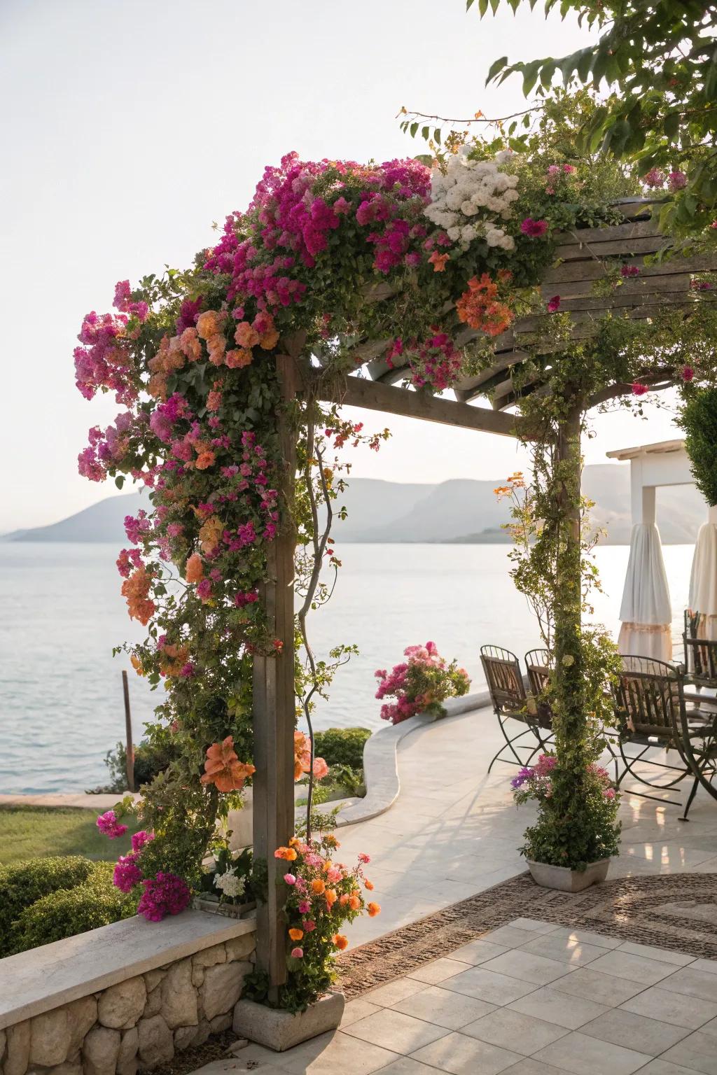 A garden trellis adds charm and vertical greenery to the space.