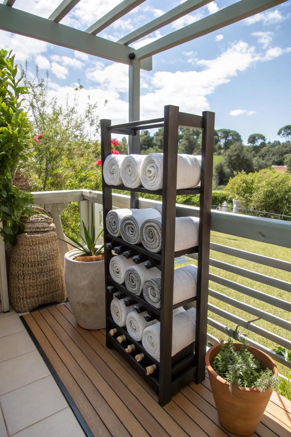 Creative towel storage with a repurposed wine rack.