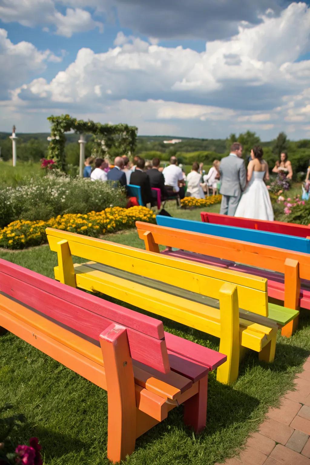 Colorful benches add a playful touch to wedding decor.