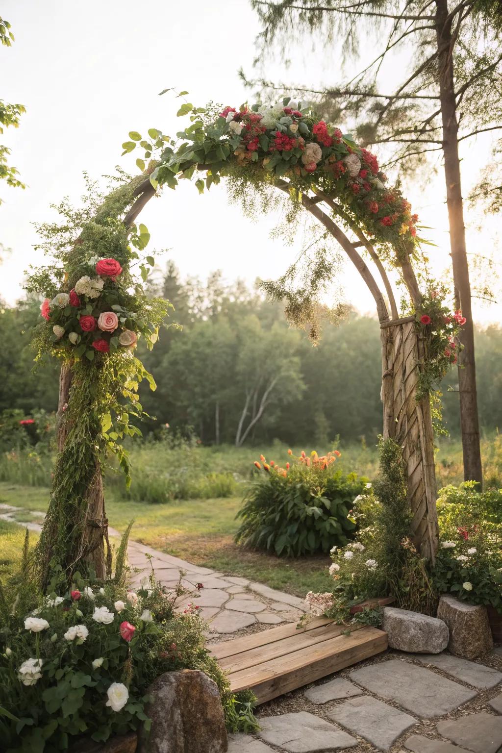 An eco-friendly arch showcasing sustainability with recycled materials and local flora.