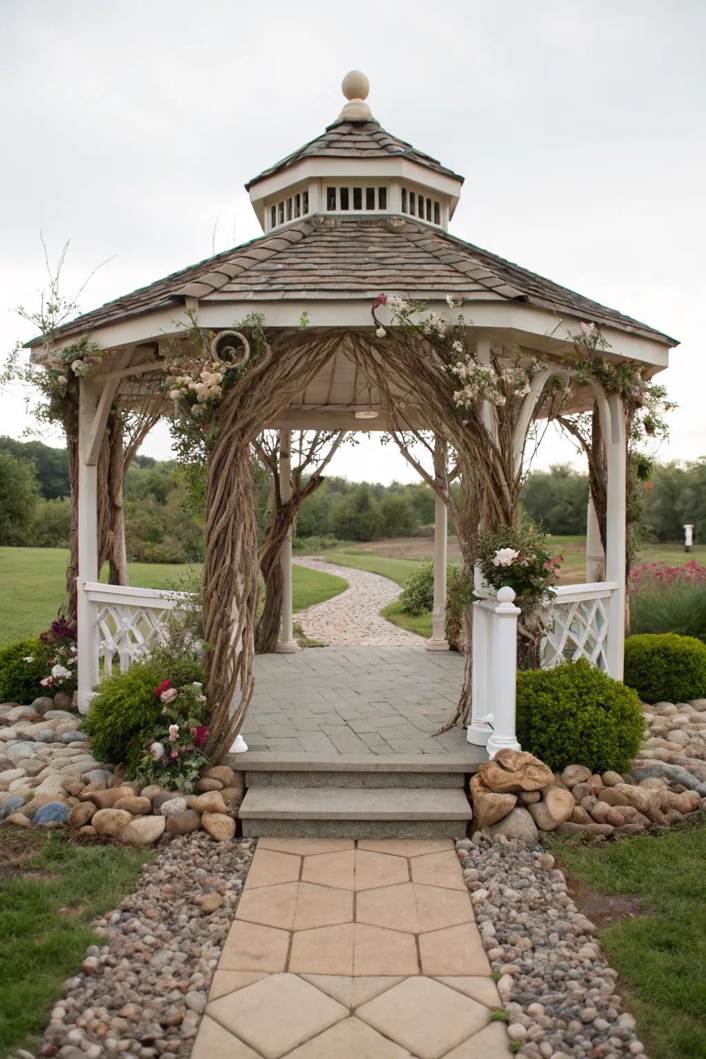 Natural elements add an earthy feel to this gazebo.