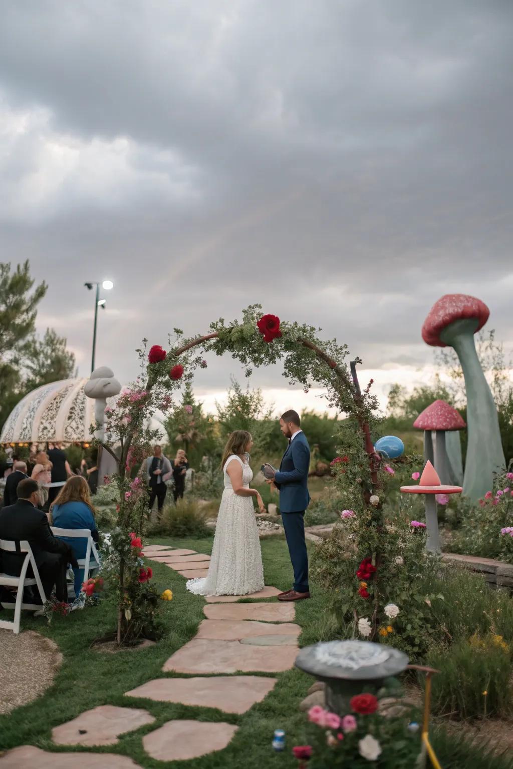 An artistic sculpture garden wedding with a unique setting