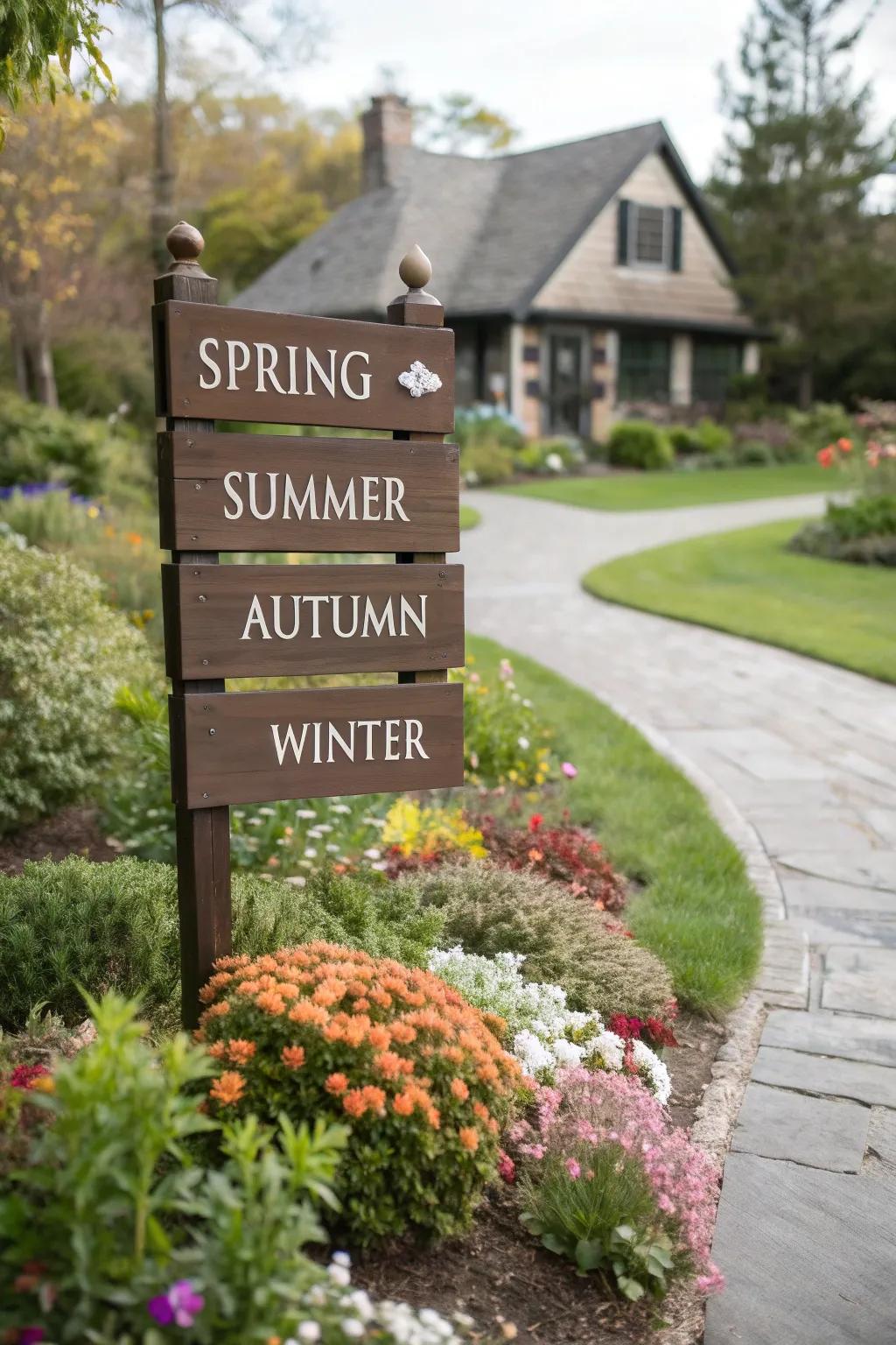 A seasonal garden sign with interchangeable panels, allowing for year-round creativity.