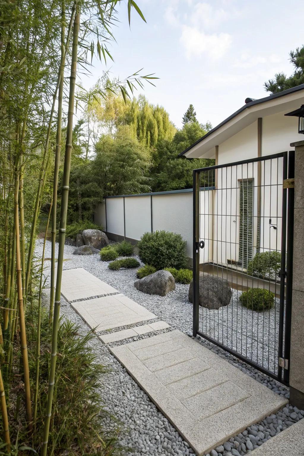 A simple gate design for a tranquil and harmonious garden setting.