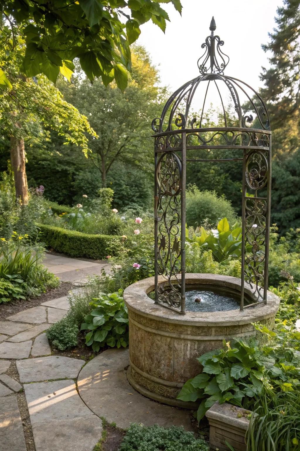 An artistic sculpture well makes a bold garden statement.