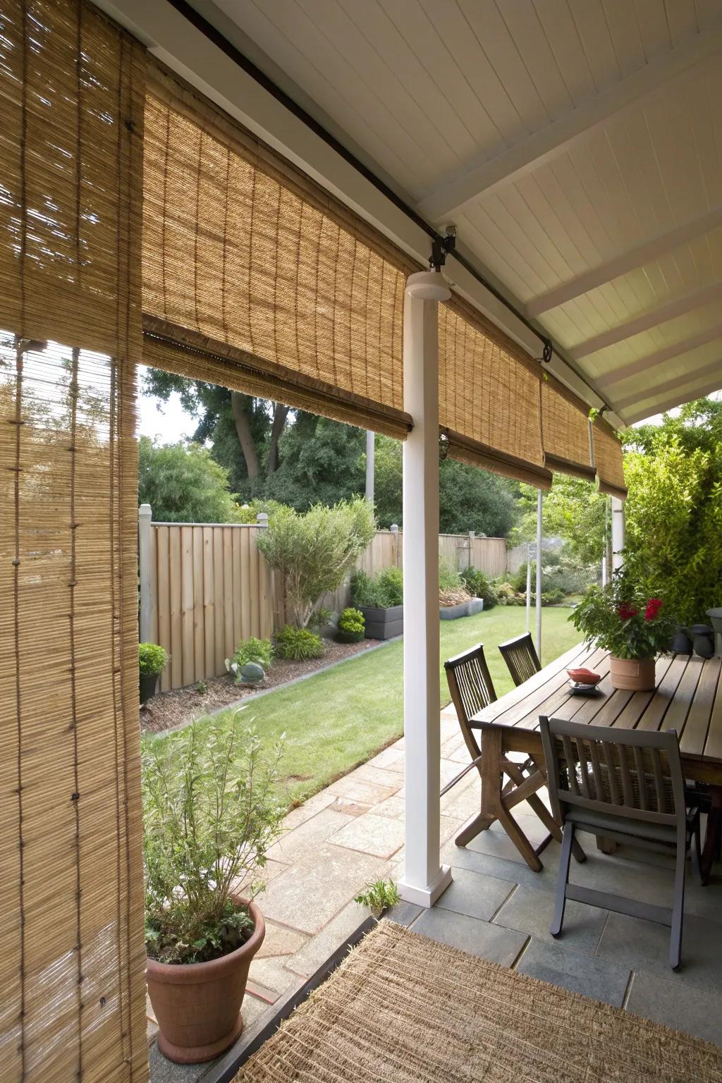 Bamboo screens offer adjustable shade with tropical flair.