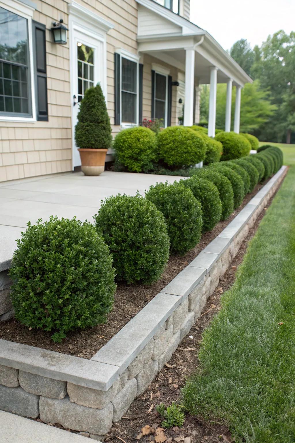 Low-maintenance shrubs offer structure and simplicity.
