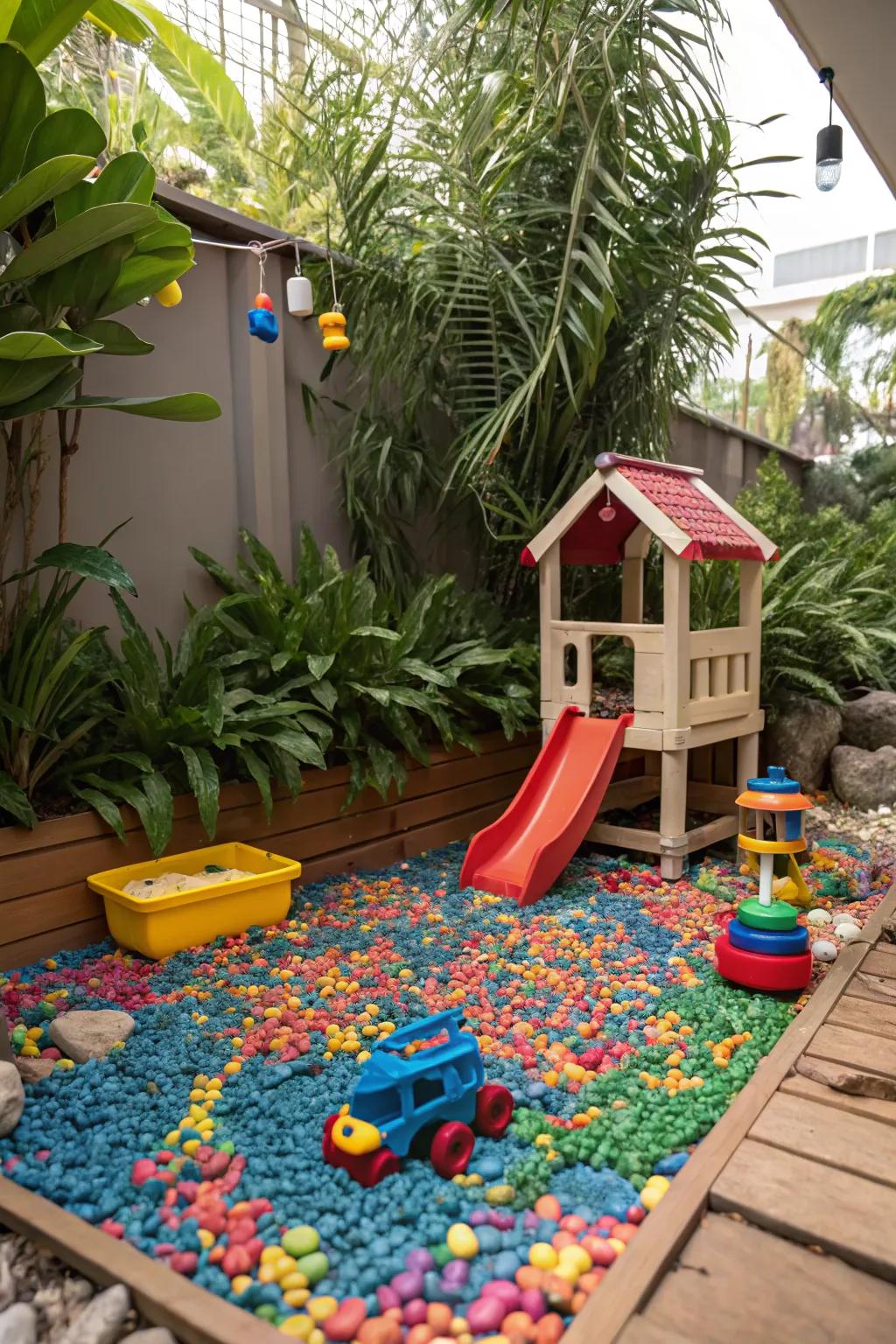 Colored gravel adds vibrancy and fun to a play area.