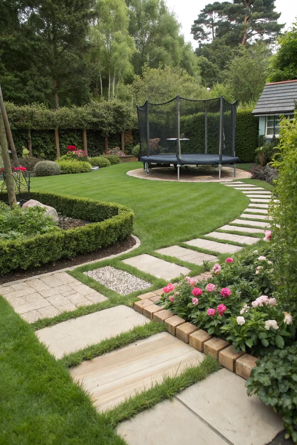 Pathways guide the way to the trampoline, adding structure and style.
