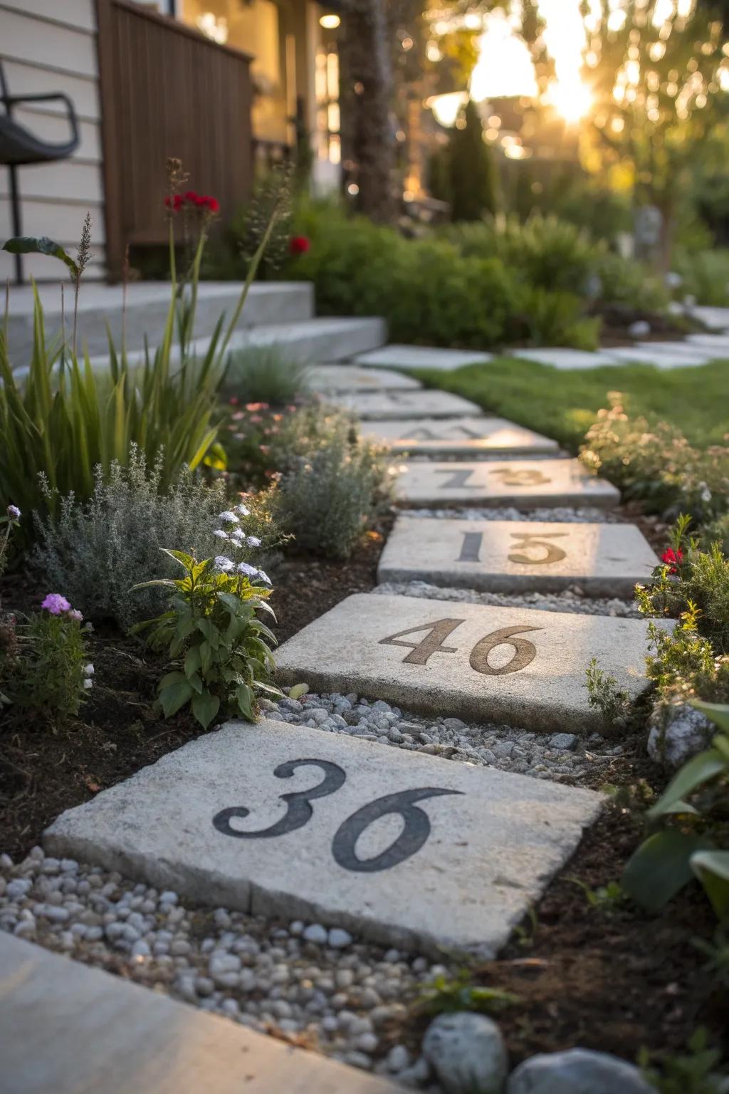 Stepping stones with house numbers stenciled on them.