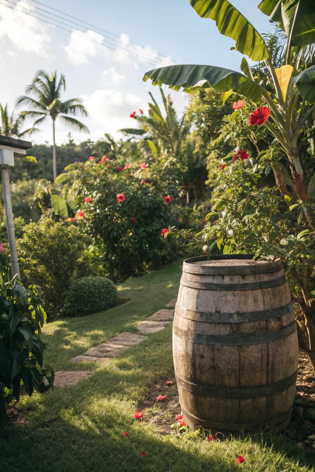 Create a tropical escape with exotic plants in a whiskey barrel.