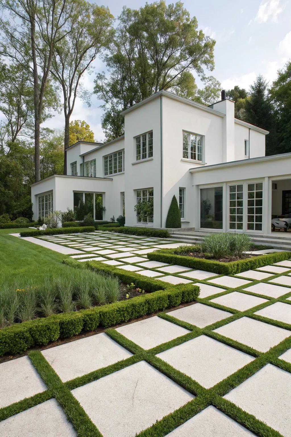 A white home with geometric patterns, adding a contemporary and artistic touch.