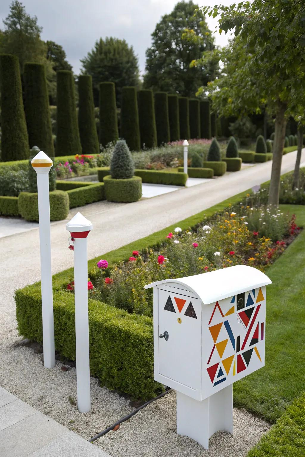 A white mailbox with geometric patterns makes a bold statement in modern art.