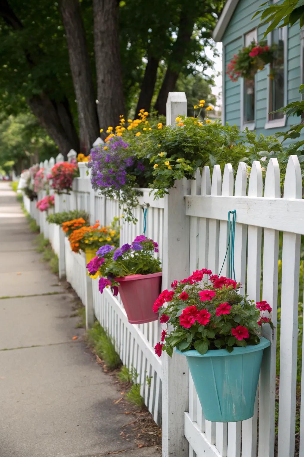 Decorative planters add color and creativity to a white picket fence.
