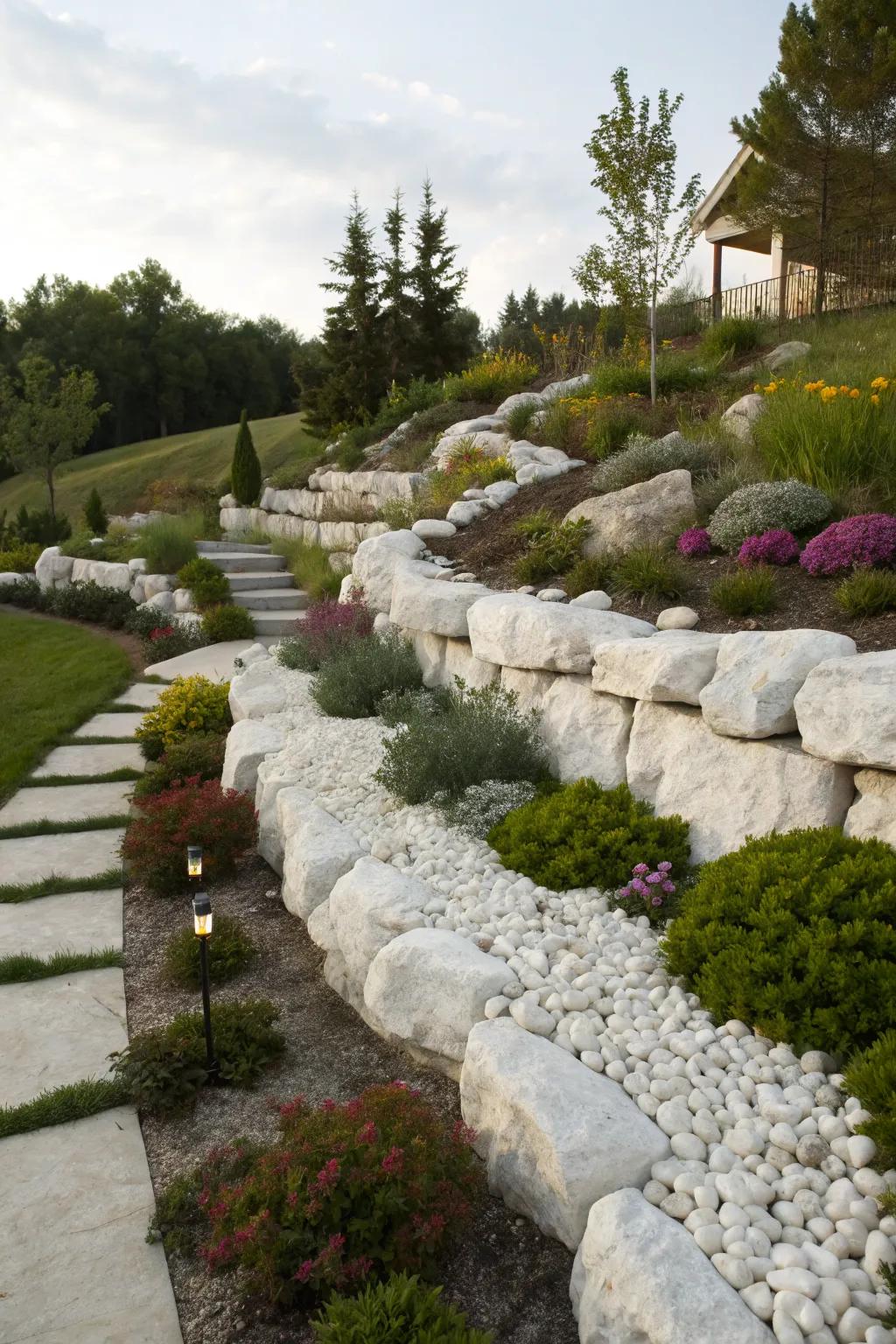 A terraced garden with white rocks adding levels and dimension.