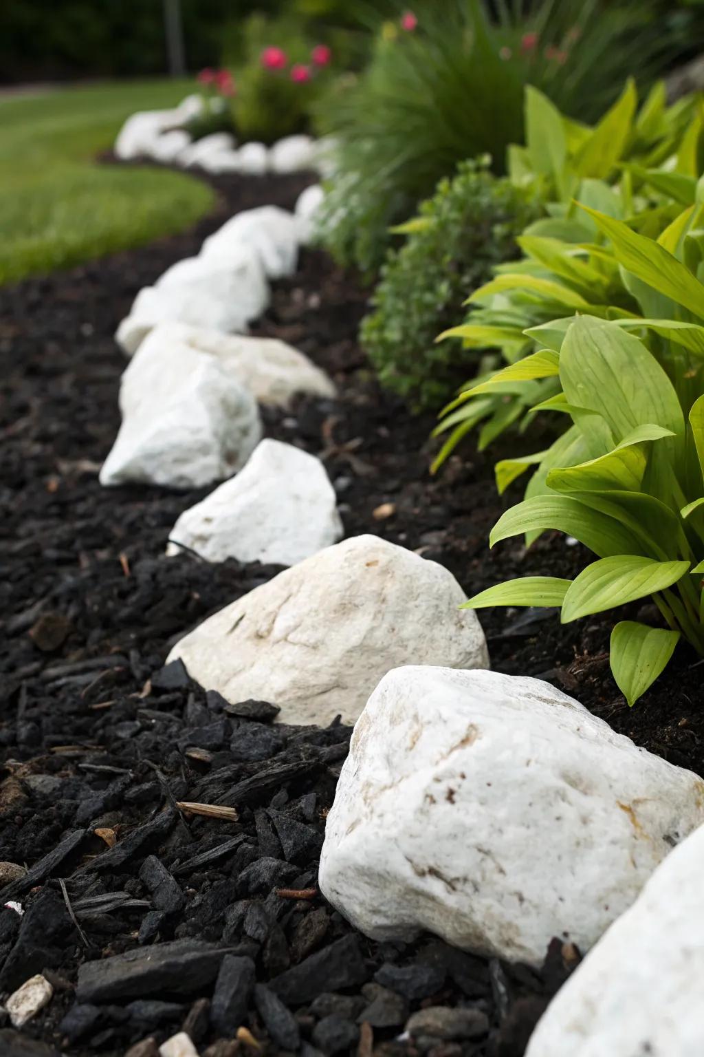 Bold contrasts with white rocks create a striking visual impact.