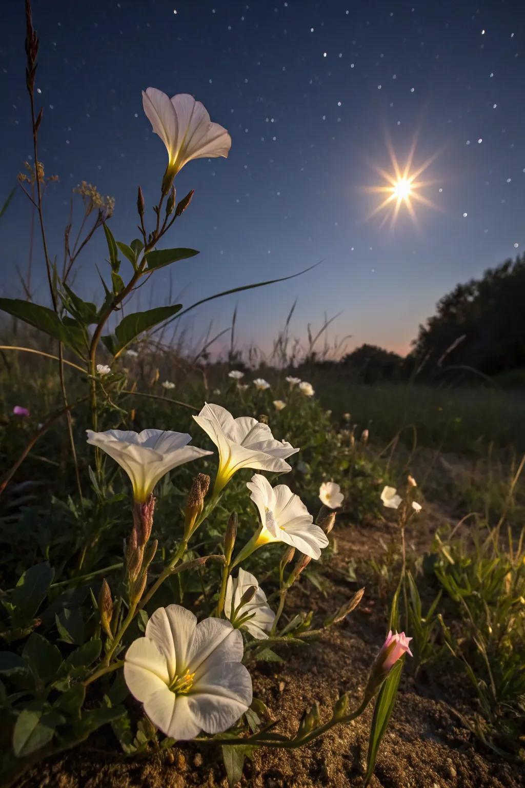 A moonlit garden glowing with ethereal beauty.
