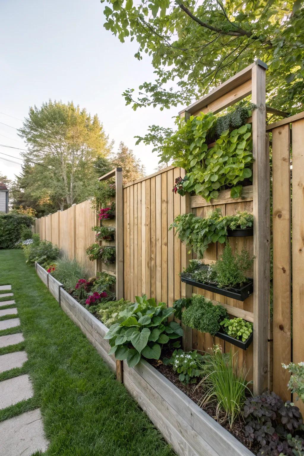 Vertical garden fences provide greenery and soft wind protection in compact spaces.