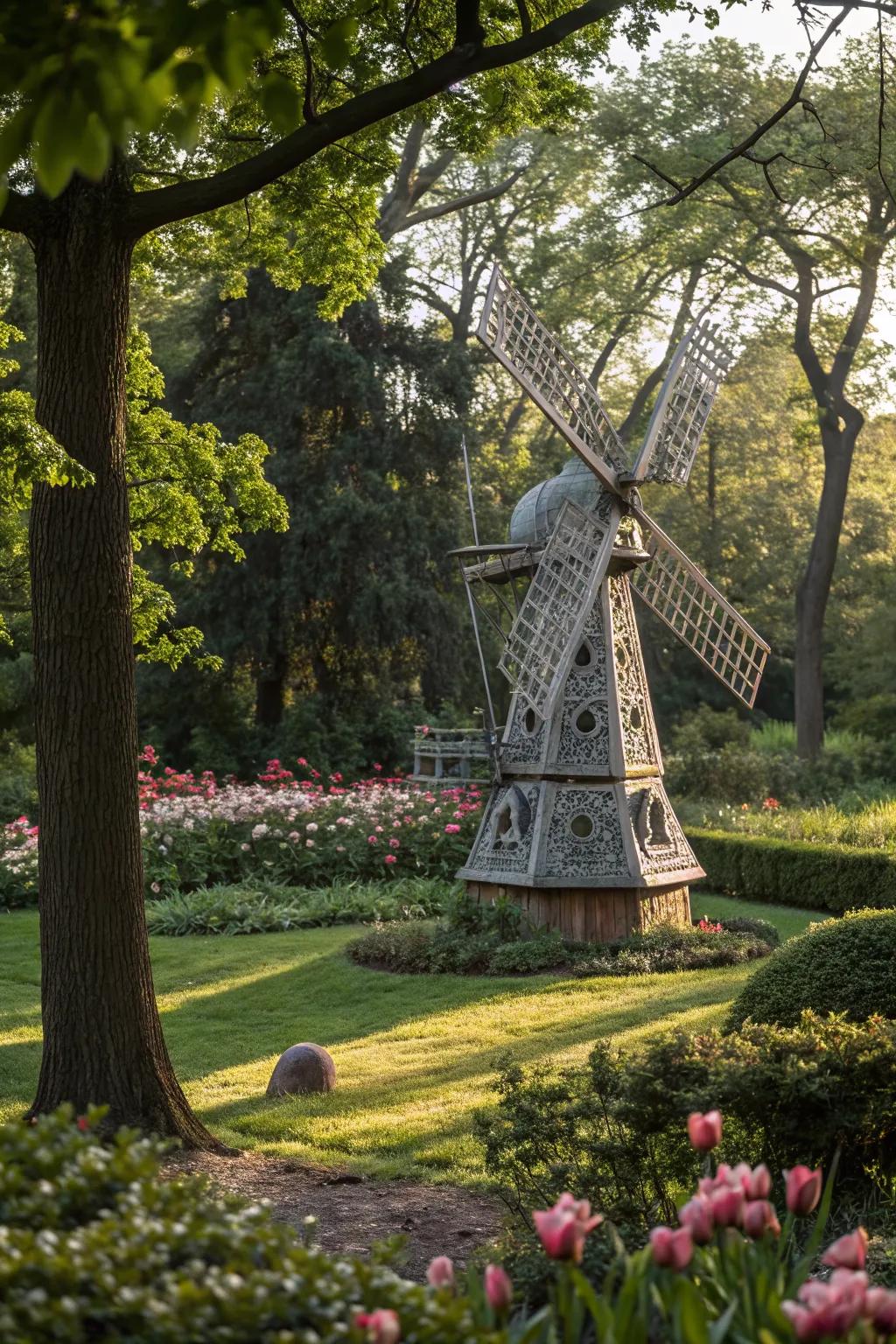 Striking windmill garden sculpture as an art piece.