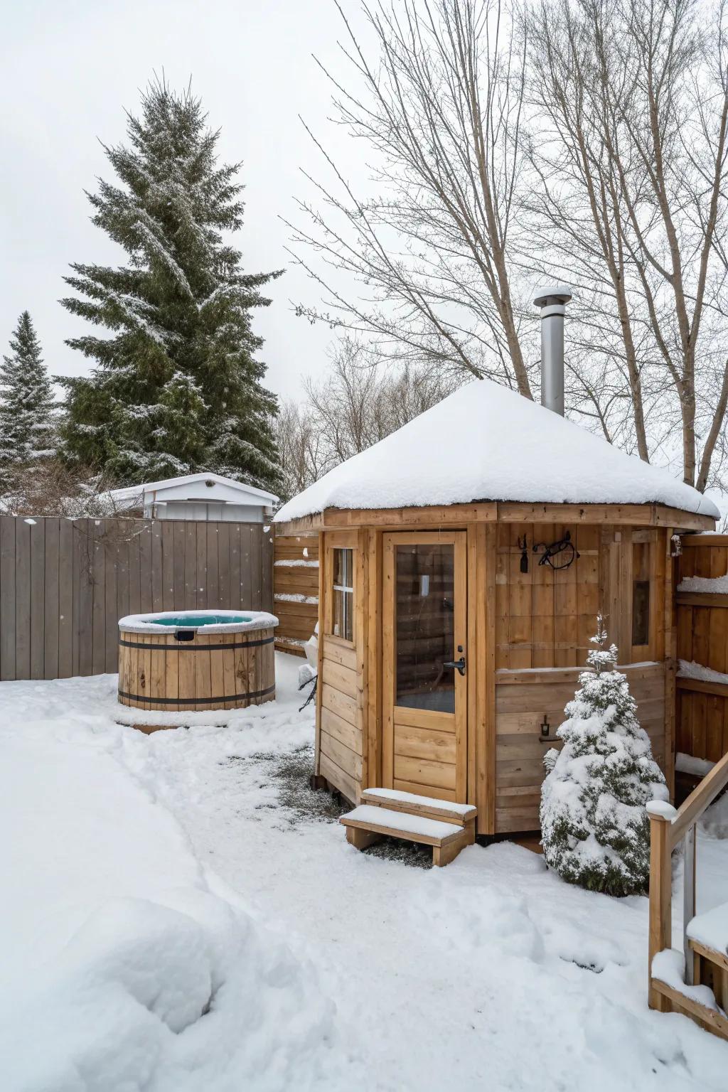 An outdoor sauna offers a luxurious winter escape.