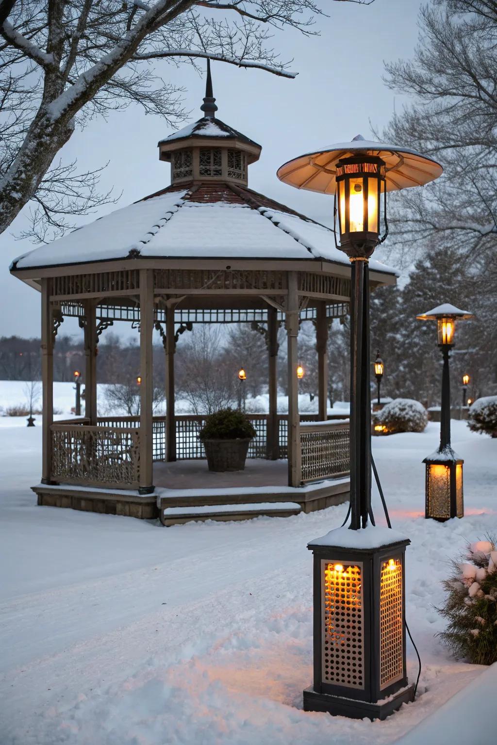 Portable heaters provide flexible warmth in your winter gazebo.