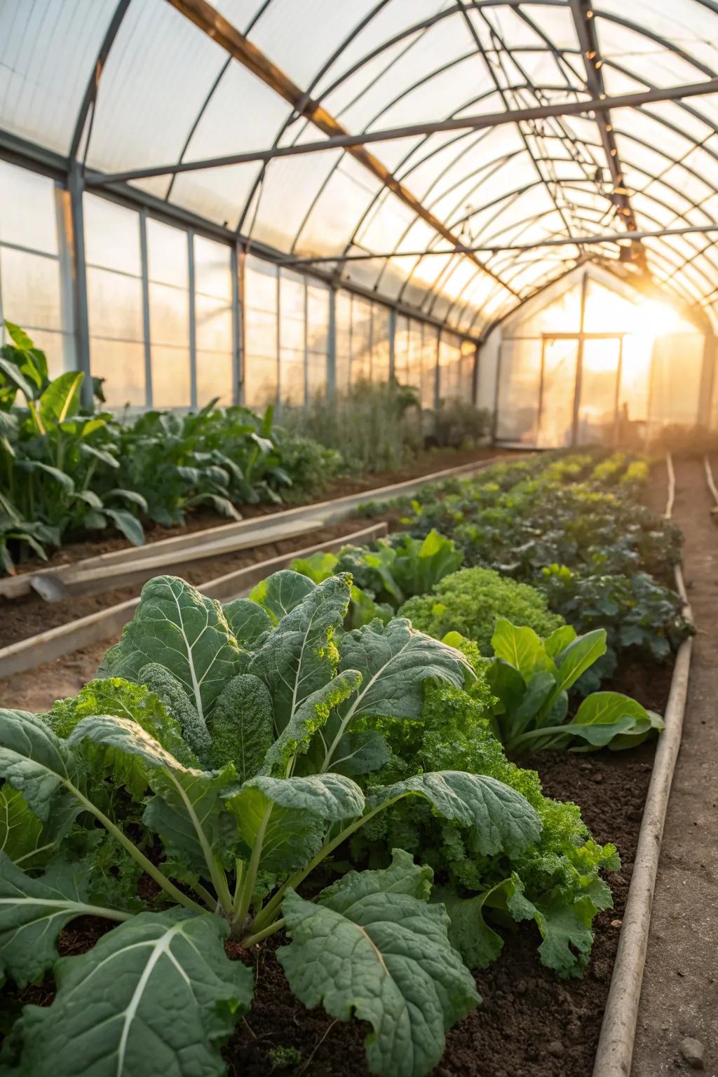 Winter vegetables flourishing in a greenhouse.