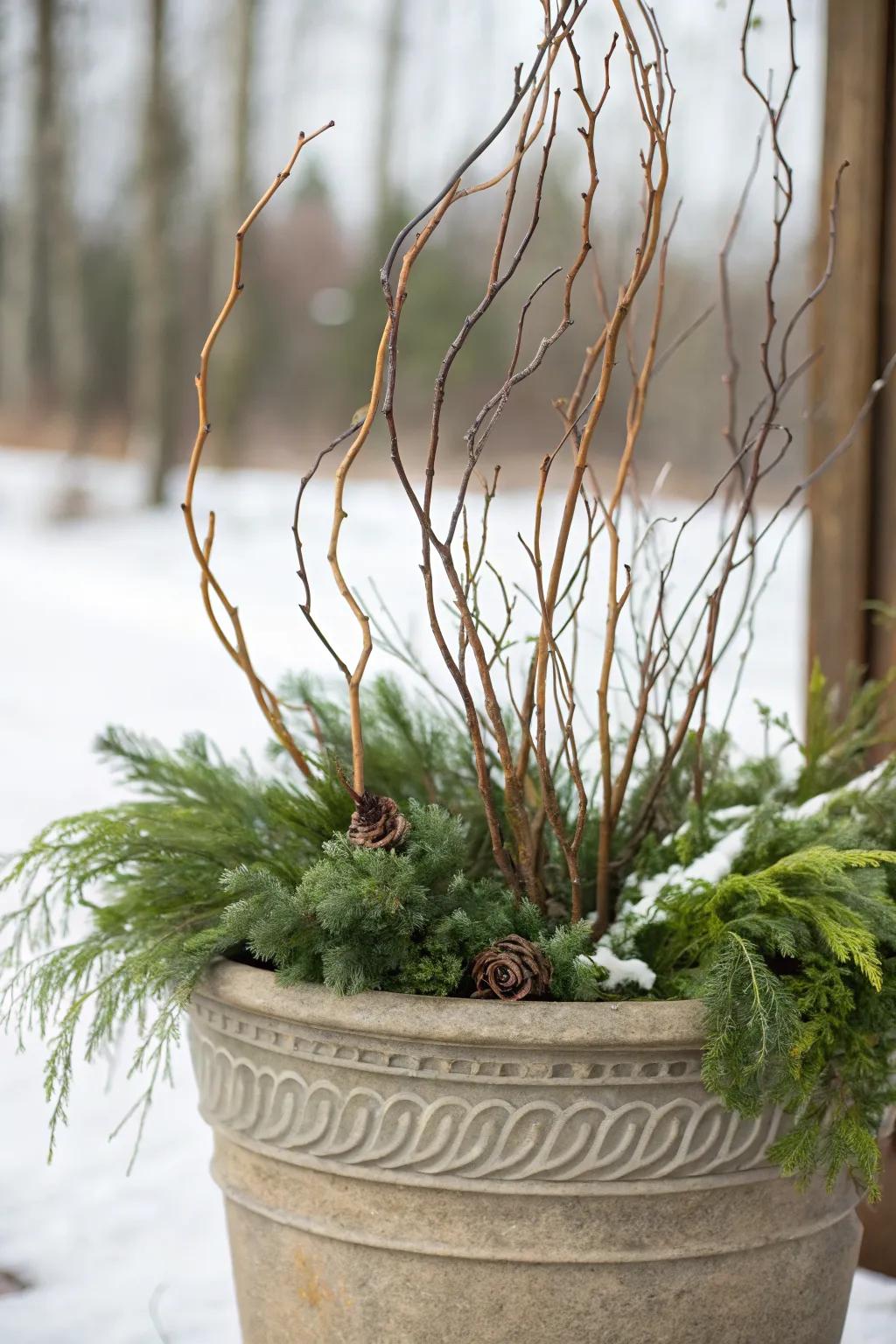 Curly willow branches add movement and whimsy.