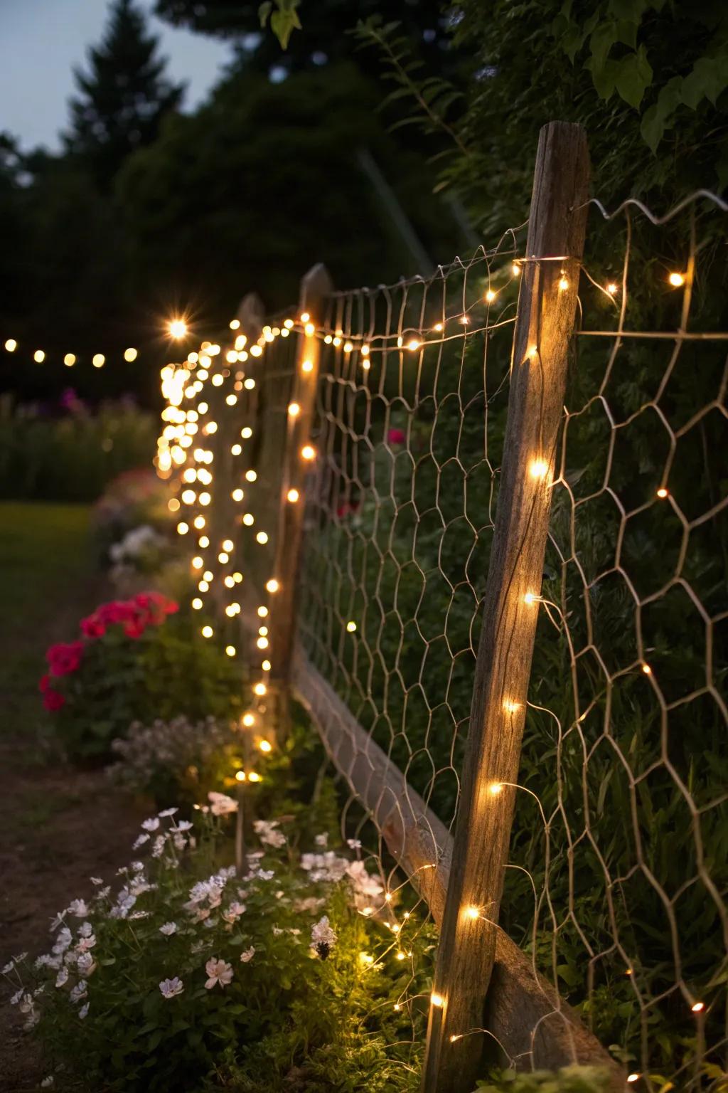 Enchanting fairy lights woven through a wire fence.