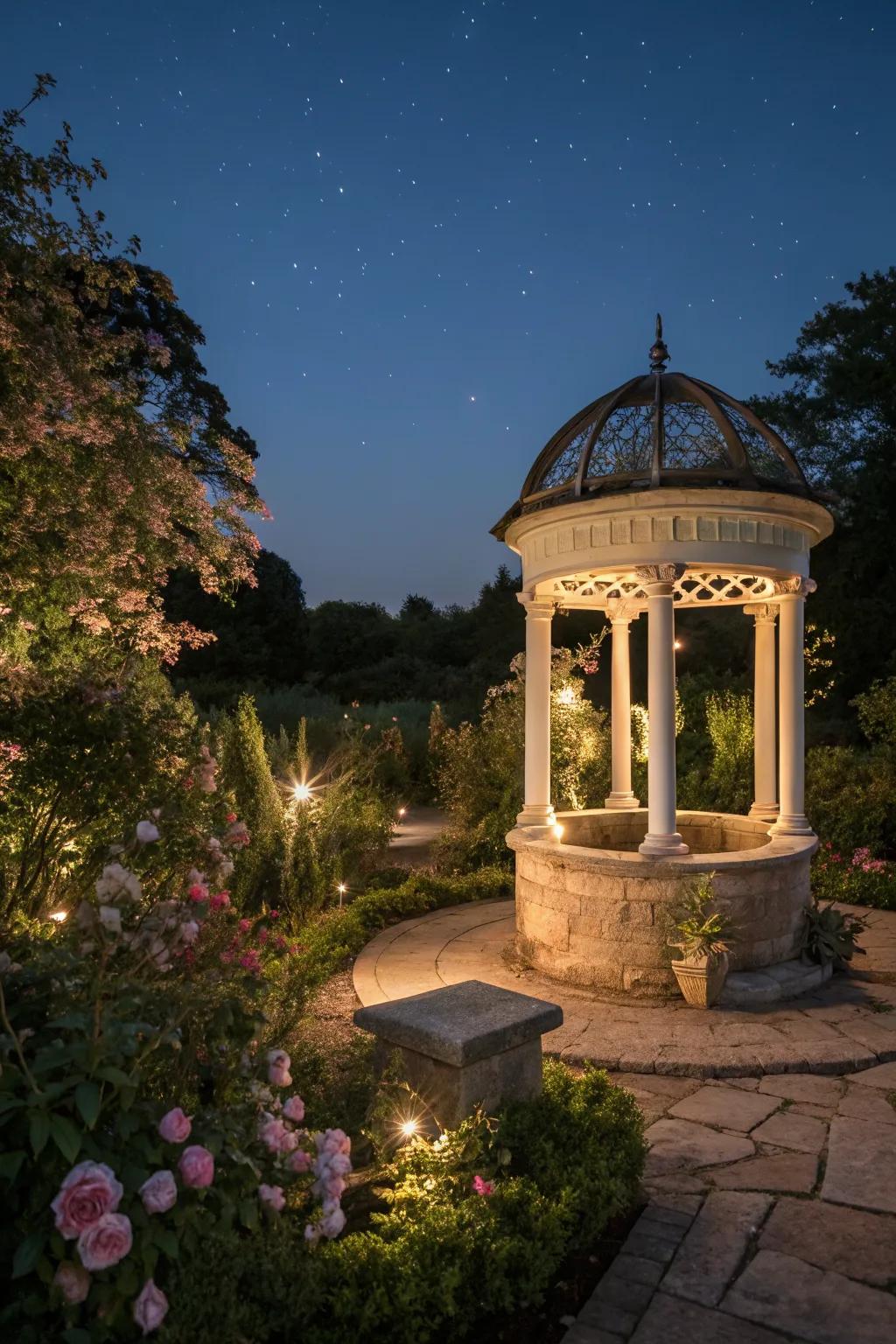 Illuminated wishing wells create a cozy nighttime ambiance.