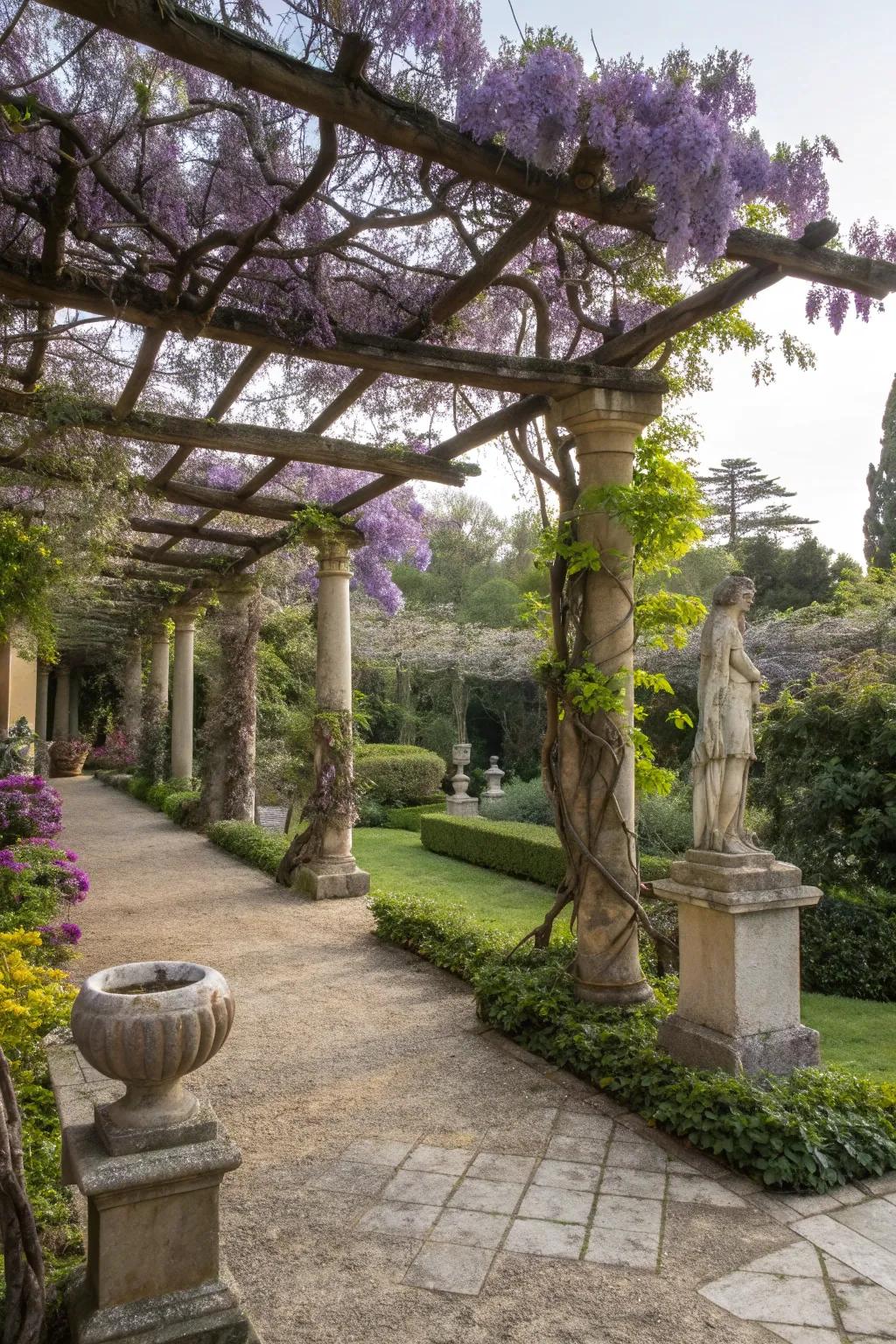 A creative retreat with art and nature intertwined under a wisteria pergola.
