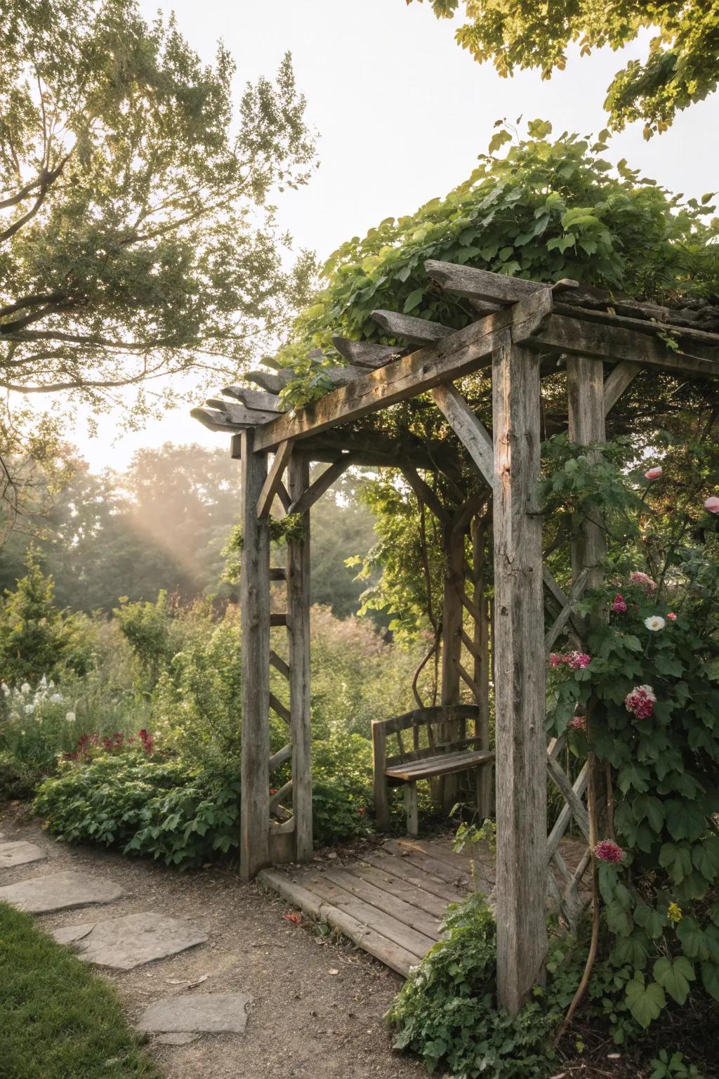 Eco-friendly wooden arbor constructed from reclaimed materials.