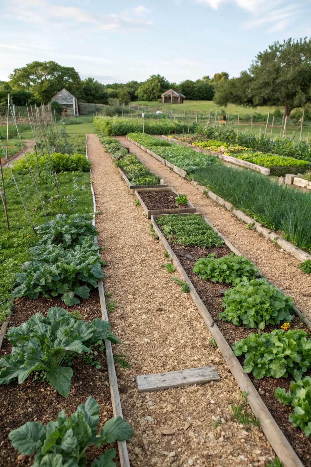 Clean and accessible vegetable garden paths with wood chips.