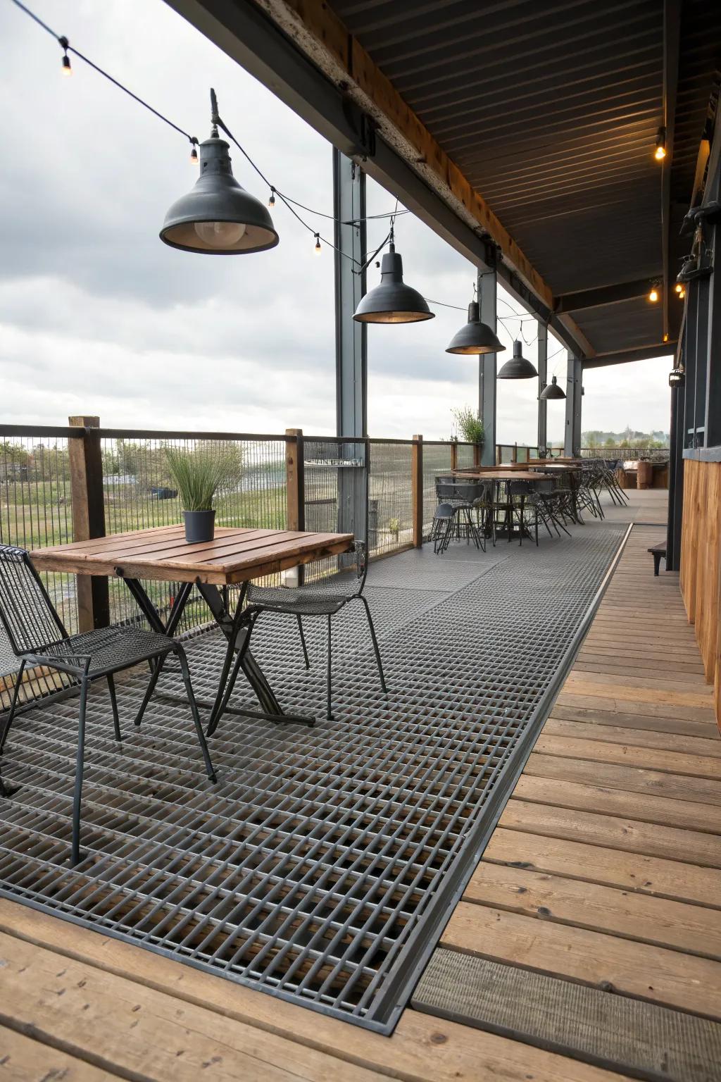 Metal grate flooring adds an industrial edge to your deck.