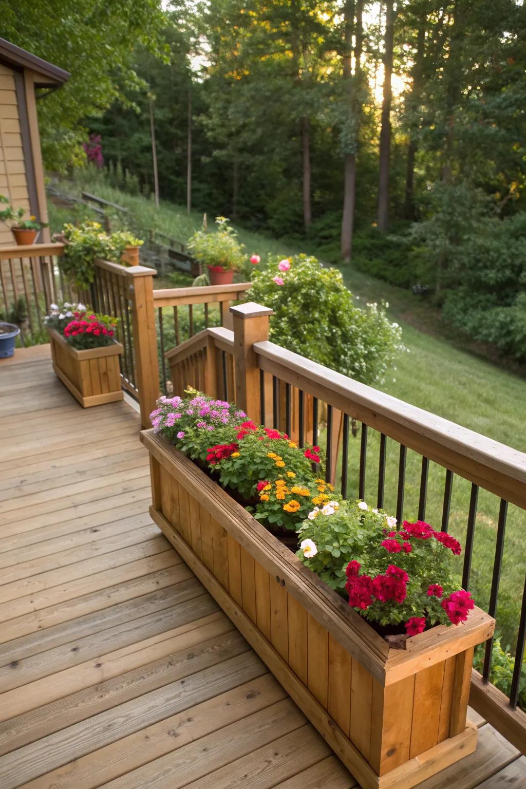 Built-in planter boxes bring greenery directly to your deck railings.