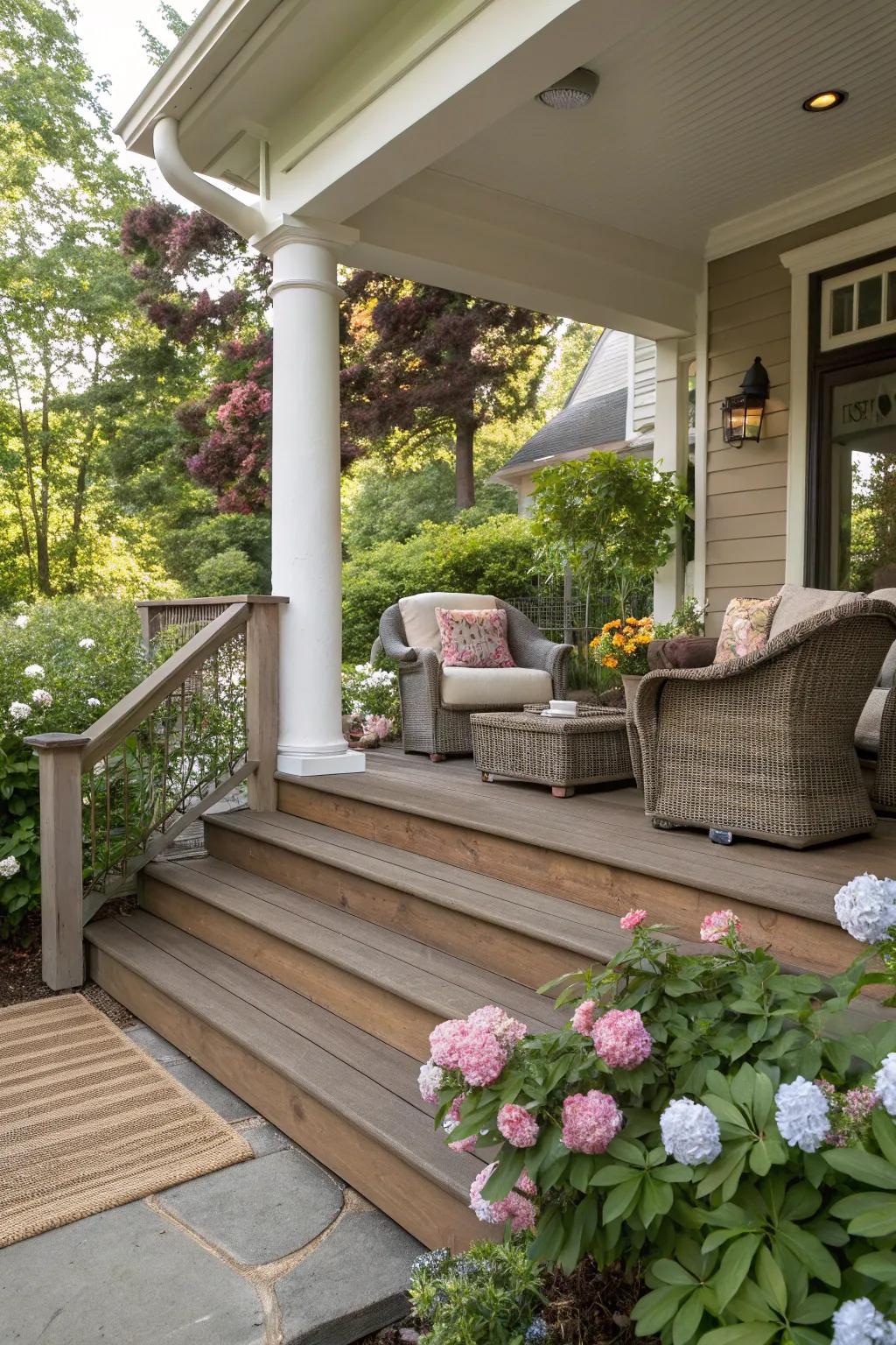 A cozy seating area by your steps creates a welcoming atmosphere.